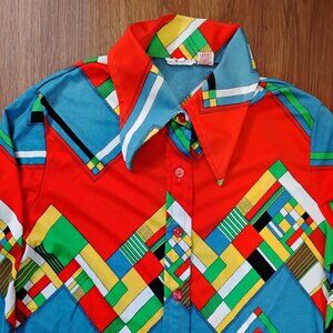 Vintage Tarvi MCM Zig Zag Op Art Geometric Polyester Disco Shirt